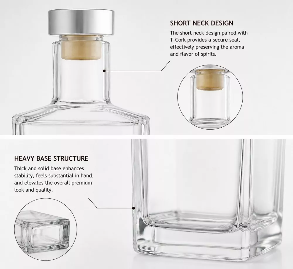 375ml Glass Square Vodka Bottle with T-Cork